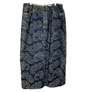Y2K Liz Claiborne Denim Maxi Skirt Paisley Embroidery Prairie Cowgirl M 8-10